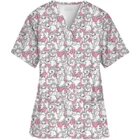 2024 Summer Disney Pet Mary Cat Pink Printed Matte Top Pet Shop Medical Uniform Nurse V-neck Shirt Women's Nurse Top 2
