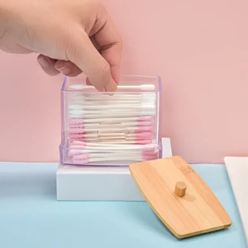 Clear Cotton Swab Dispenser Plastic Ear Stick Swabs Holder Square Toothpick Container Bathroom Countertop Storage Box 5