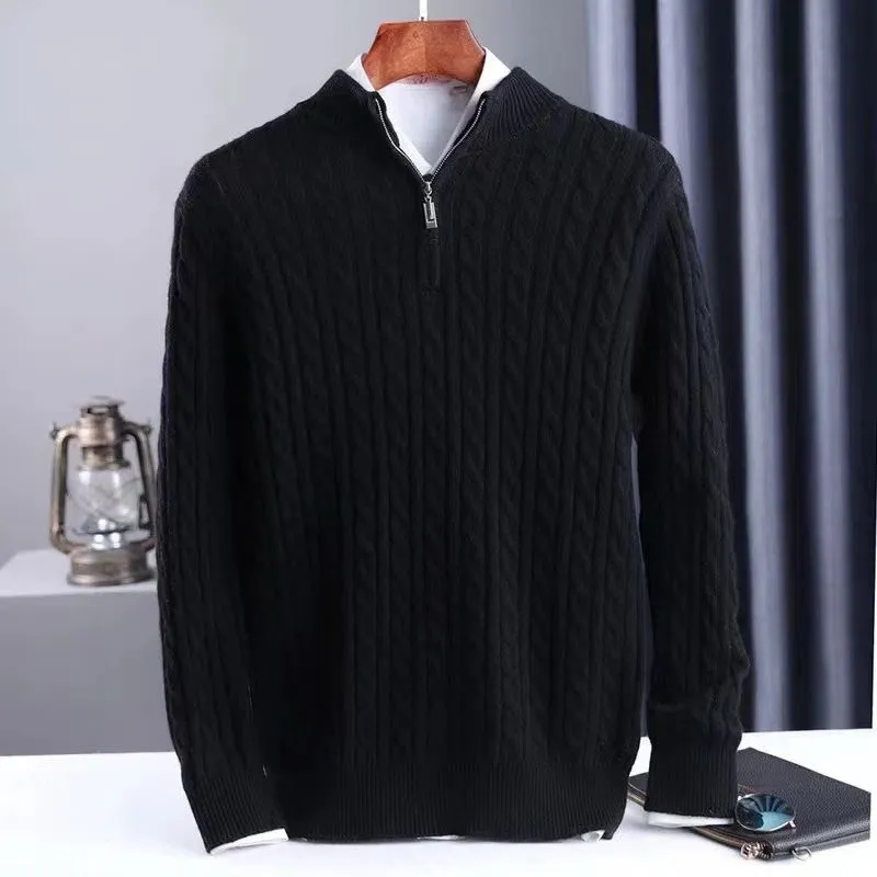 Autumn Winter Men's Cashmere Sweater Classic Comfortable Fit Twisted Cashmere Knitted Half Zip Stand Collar 3
