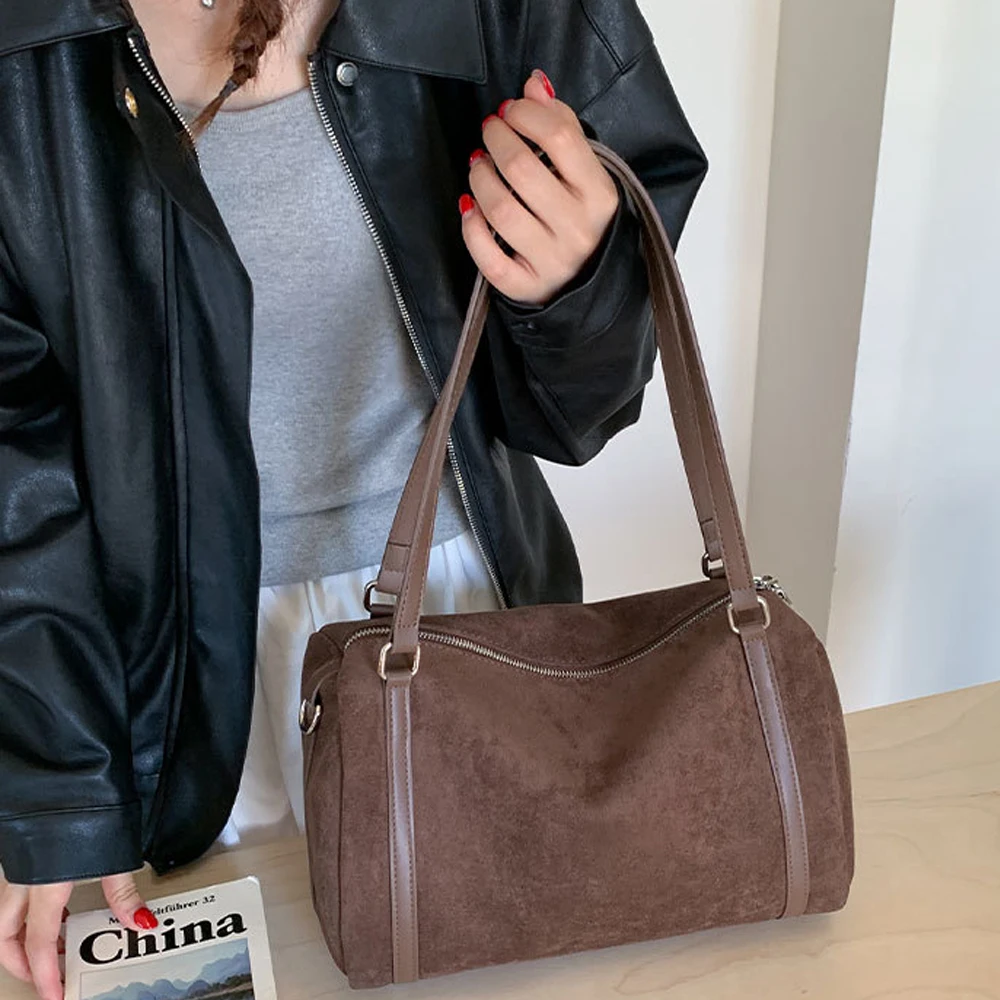 Women Suede Tote Handbag Soft Matte Top-Handle Bag Boston Shoulder Bag Large Capacity Crossbody Bags Vintage Pillow Square Bag