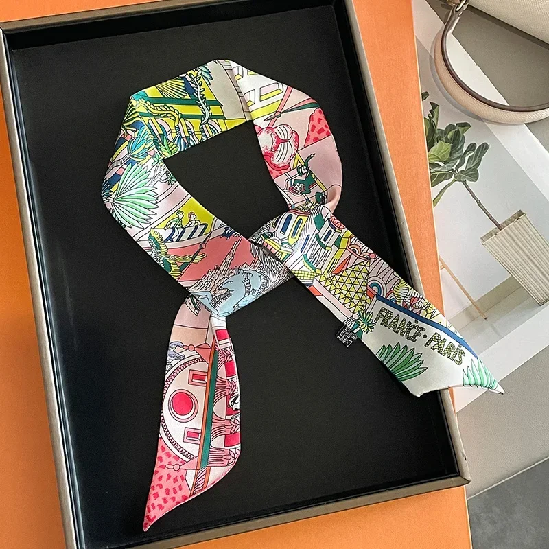 Luxury Design Horse Print Skinny Silk Ribbon Scarf Women5x85cm Hairband Soft Satin Female Foulard Floral Headband Bag Neck Ties 2