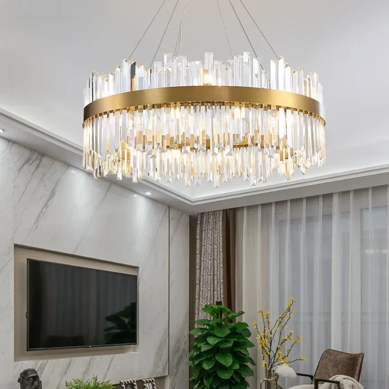 

Modern Crystal Luxury LED Chandelier Round Gold Hanging Lamp Rectangle Indoor Lighting for Dining Room Fixture