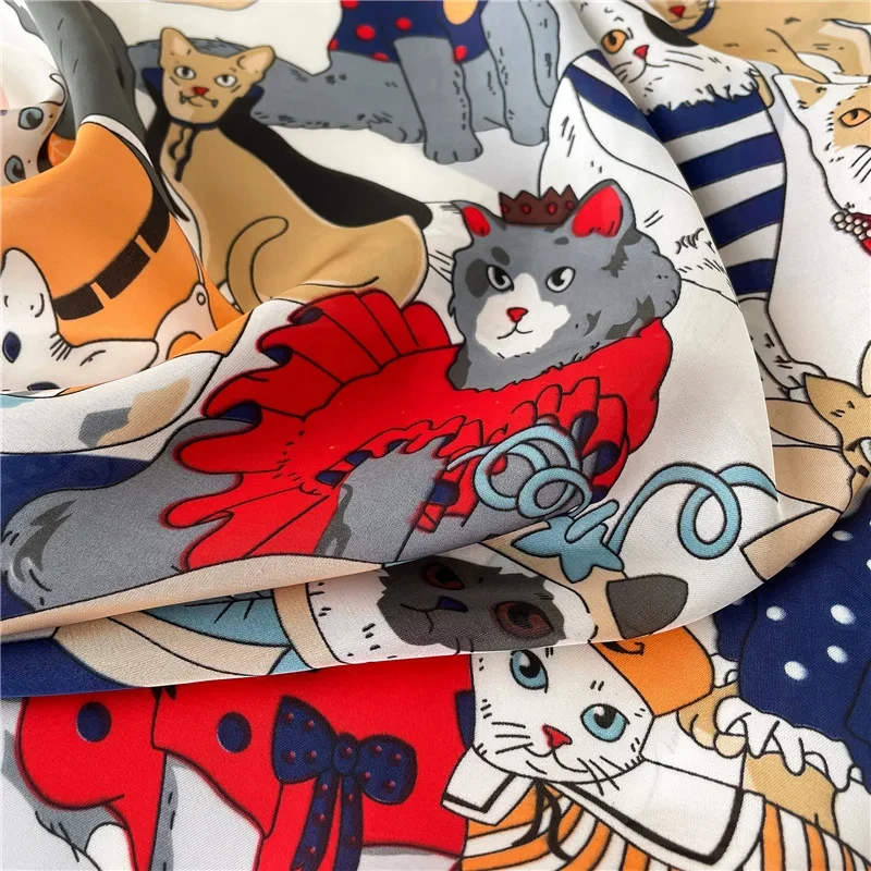 Luxury Brand Cartoon Cat Square Imitation Silk Scarf Spring and Summer Head Wrap For Women Multifunction Neckerchief