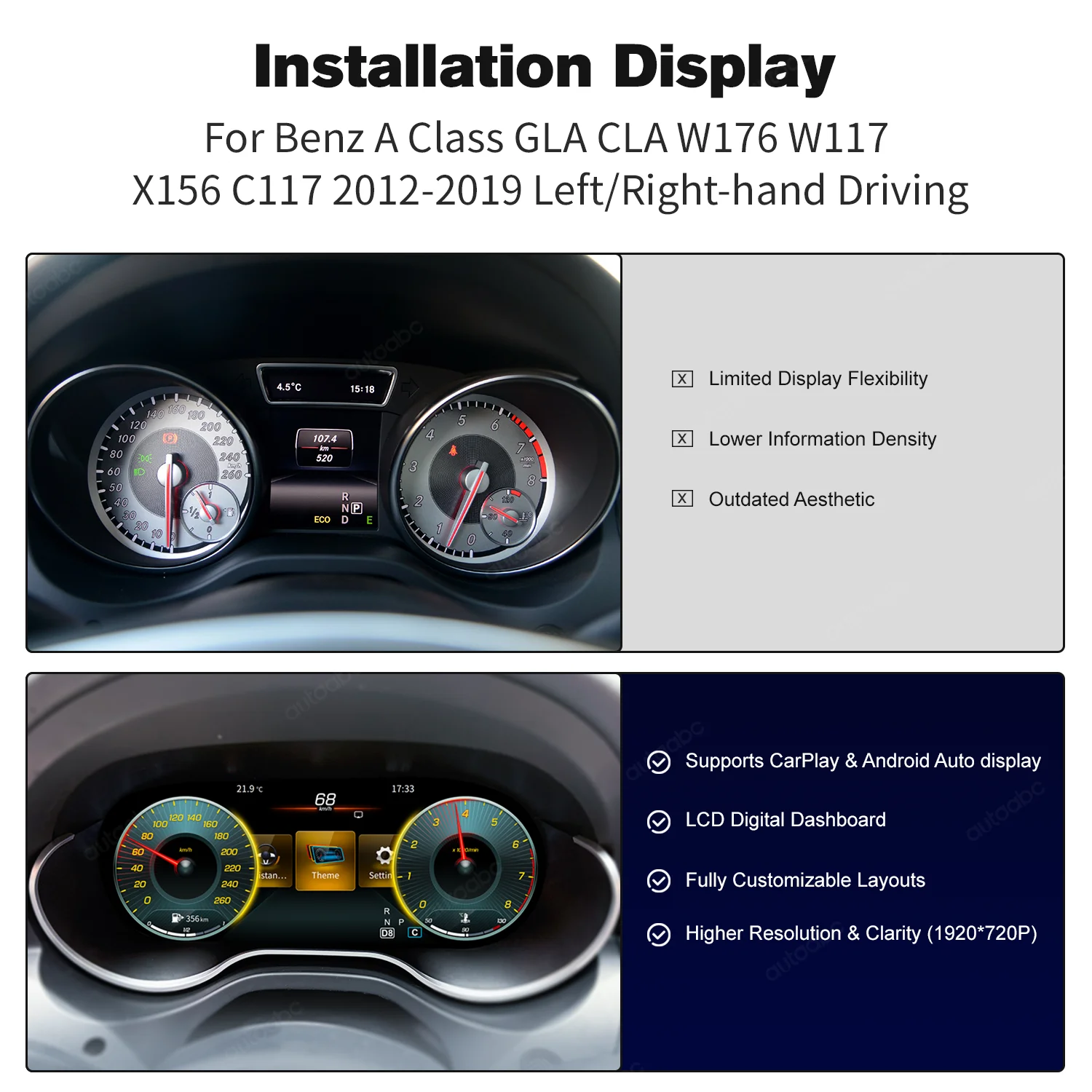 메르세데스 벤츠 A GLA CLA 클래스 W176 X156 117 C177용 12.3인치 디지털 클러스터 대시보드(코핏 계기판)