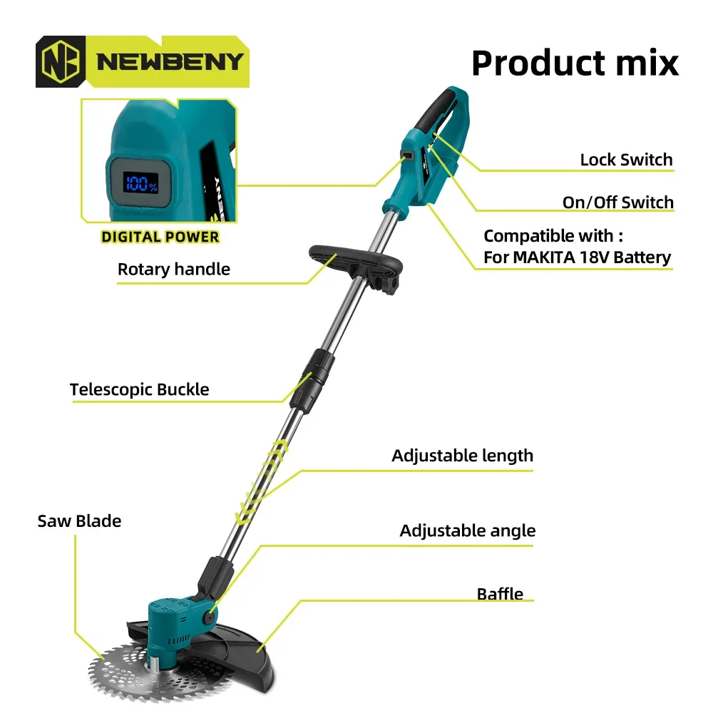 NEWBENY 9 Inch Brushless Electric Lawn Mower 36000RPM Cordless Handheld Garden Grass Trimmer Weeding Tool For Makita 18V Battery 3