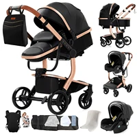 Poussette de luxe 3 en 1, système de voyage, landau réversible, nacelle pour nouveau-né, poussette pliable, landau pour nourrisson, poussette haute, cuir PU imperméable, porte-bébé amovible, frein à une touche, pliage compact, fenêtre en maille, panier de rangement 1