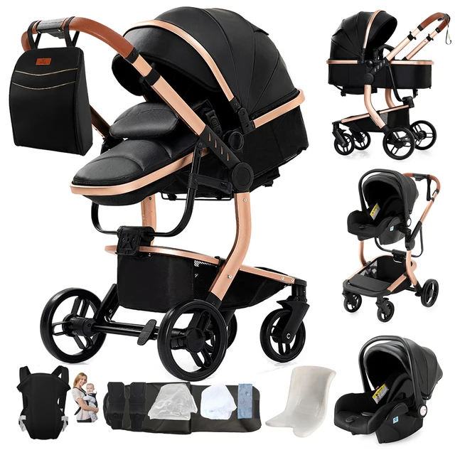 Poussette de luxe 3 en 1, système de voyage, landau réversible, nacelle pour nouveau-né, poussette pliable, landau pour nourrisson, poussette haute, cuir PU imperméable, porte-bébé amovible, frein à une touche, pliage compact, fenêtre en maille, panier de rangement 1
