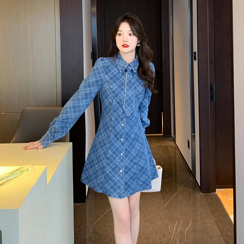 

Dress for Women 2023 Spring New French A Word Waist Slim Polo Shirt with Tie Bubble Sleeve Shirt Sleeve Short Denim Dress Female