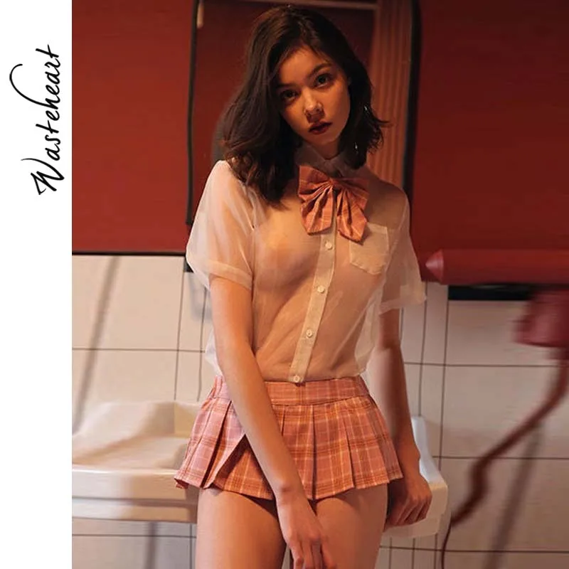 

Wasteheart Women Sexy Lingerie Shirt Skirt Bow Apron Bow Cosplay Servant Dress Student Uniform Erotic Role Play Exotic Costume