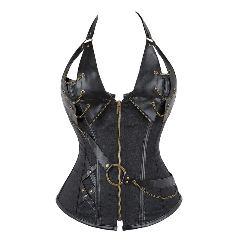 

Gothic Clothes Steampunk Faux Leather Studded Overbust Corset Bustier with Chains Waist Cincher Shaper Women Vest Shapewear
