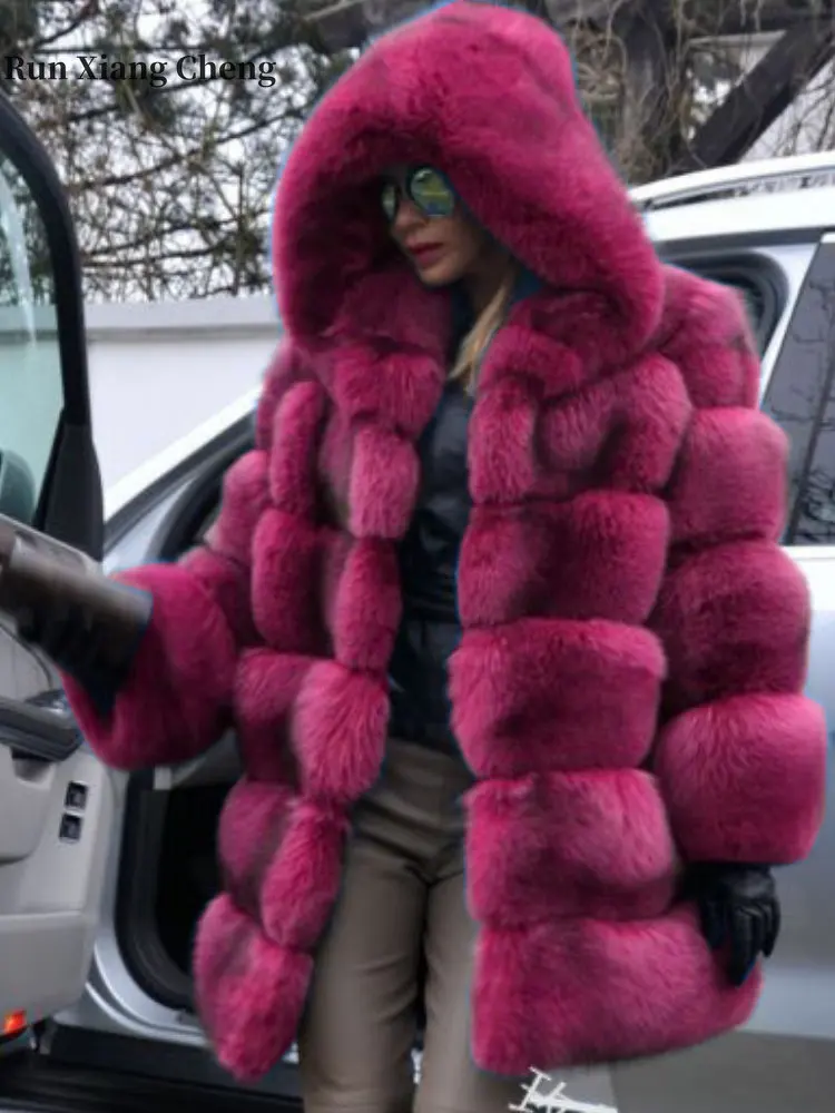 

2023 Autumn Winter Fur Coat for Women Elegant Jacket Imitation Fur Fox Long Sleeve Hooded Luxury Fur Clothing Fluffy Synthetic