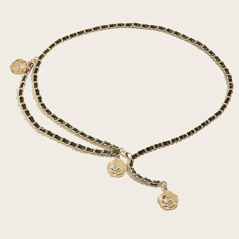 thumbnail image 1 of Cinturones de cadena de metal para cintura para mujer, cadena con colgante de flor redonda, correa de cuerda, cintura fina para mujer, decoración de camisa de vestir, 1 of 5