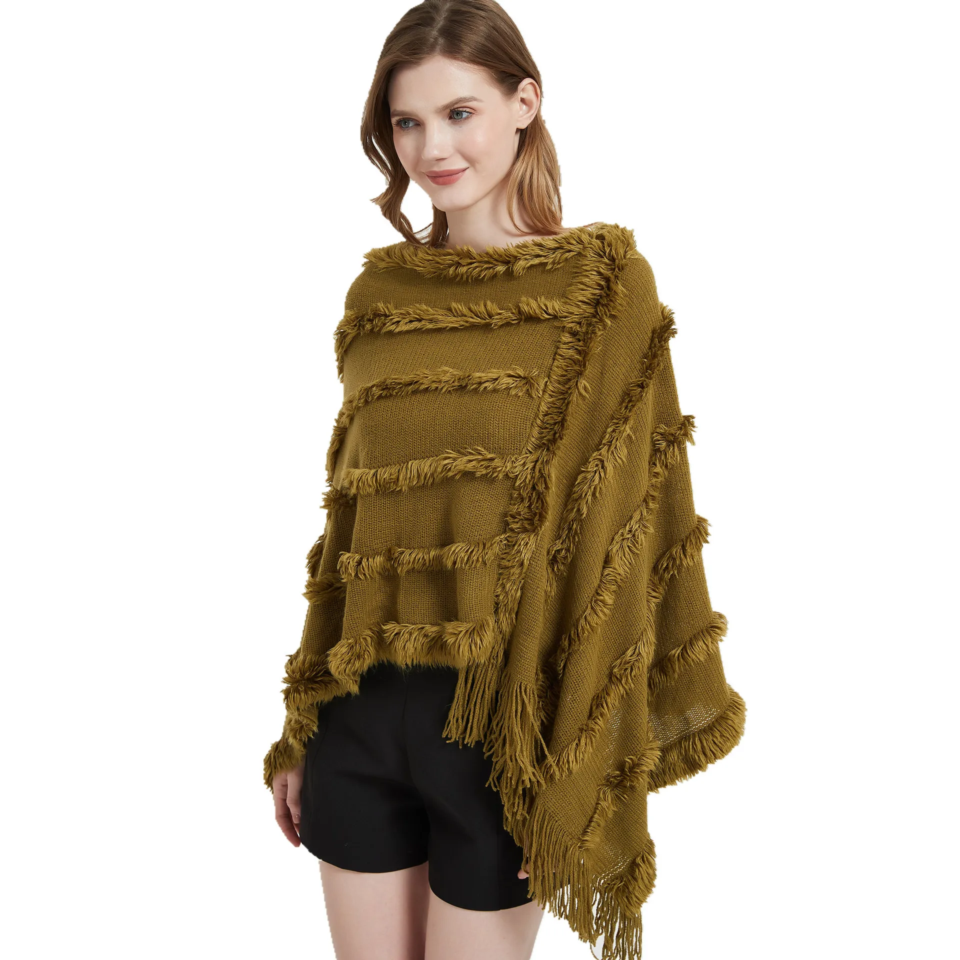 CHENKIO Fashion Shawl Womens Autumn and Winter V-neck Solid Color Knitted Plush Shawl Poncho Women Winter Poncho Women Luxury chenkio python pattern scarf cashmere feel warm winter neck wraps pashmina shawls large scarf scarves for neck scarves and shawl