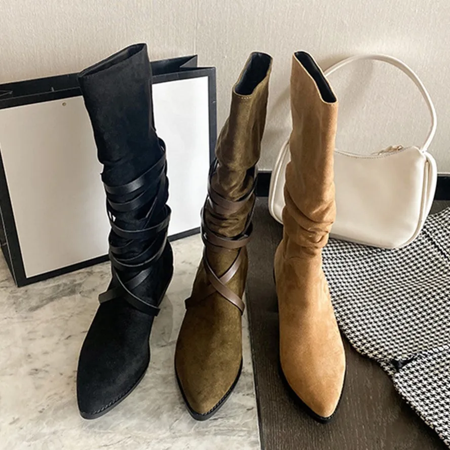 

Dave&Di Autumn American Retro Mid-tube Boots With Suede Leather Pointed Toe Western Increased Cowboy Boots Knight Boots Women