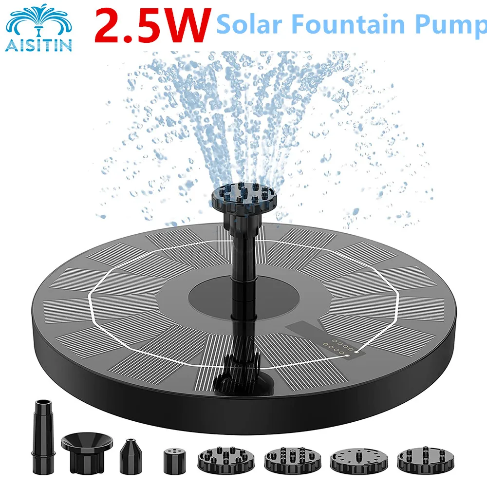 2.5W Solar Fountain Pump with 6 Nozzles for Bird Bath Fish tank Pond