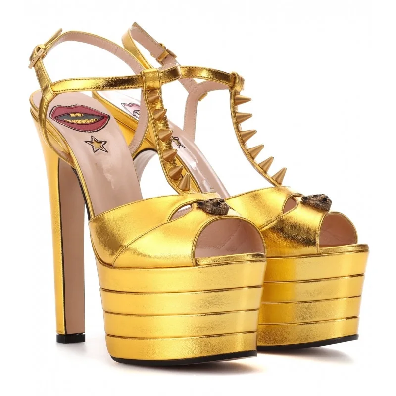 Runway Show Round Toe High Heels, Rivet Color Matching, Hollow Cross-Border Large Fish Mouth Fashion Sandals for Women