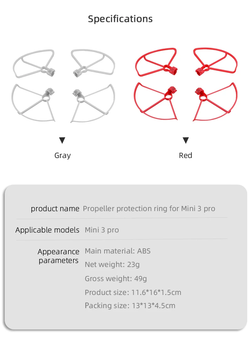 Propeller Guard for DJI Mini 3 Pro, Specifications 2 Gray Red product name Propeller protection ring for Mini 3 pro Applicable