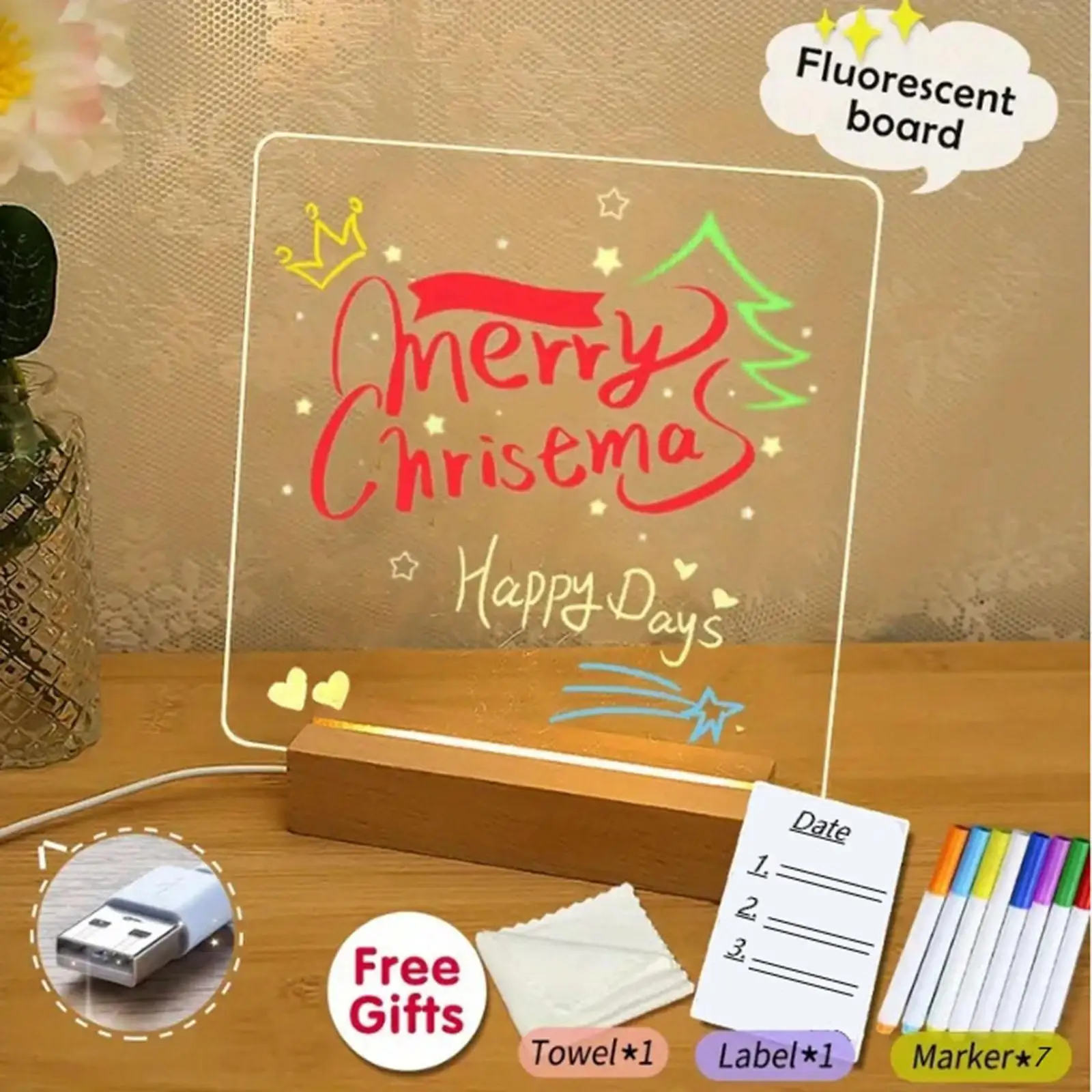 Acrylic Drying Erase Board Bright LED Light Display Planner Board Handwriting Desktop DIY Lamp for TV Cabinet Office Dining Room