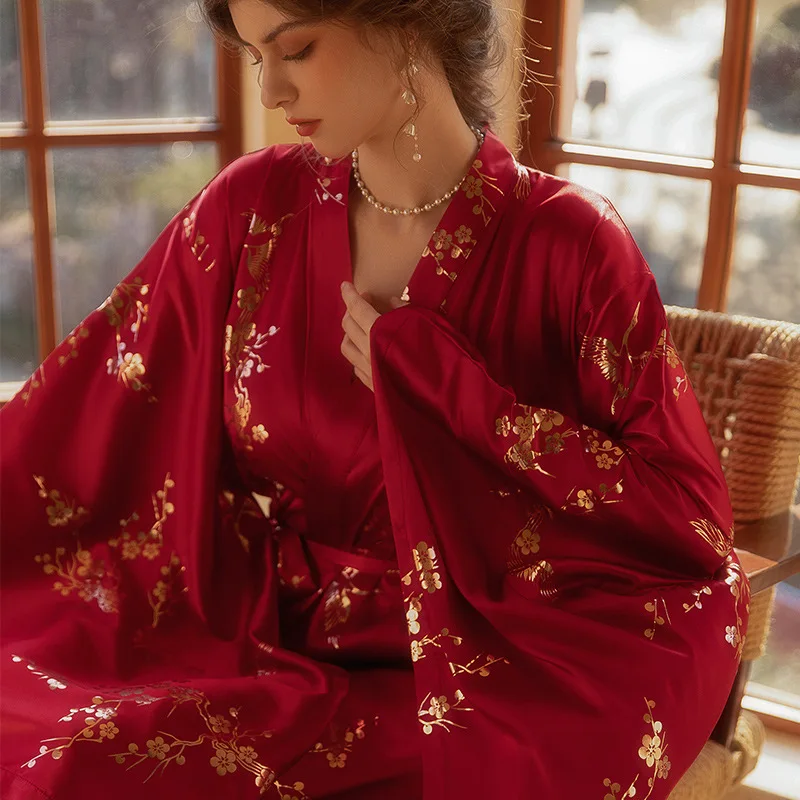 Luxury Burgundy Kimono Robe Women Wedding Bride Bathrobe Sexy