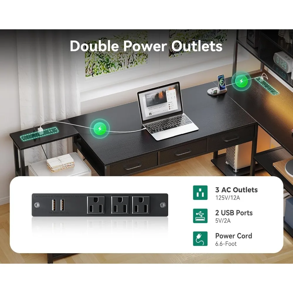 L-Shaped Desk with File Drawers, Power Outlets & LED Lights.Reversible Computer Gaming Desk with Storage Shelves for Home Office 6