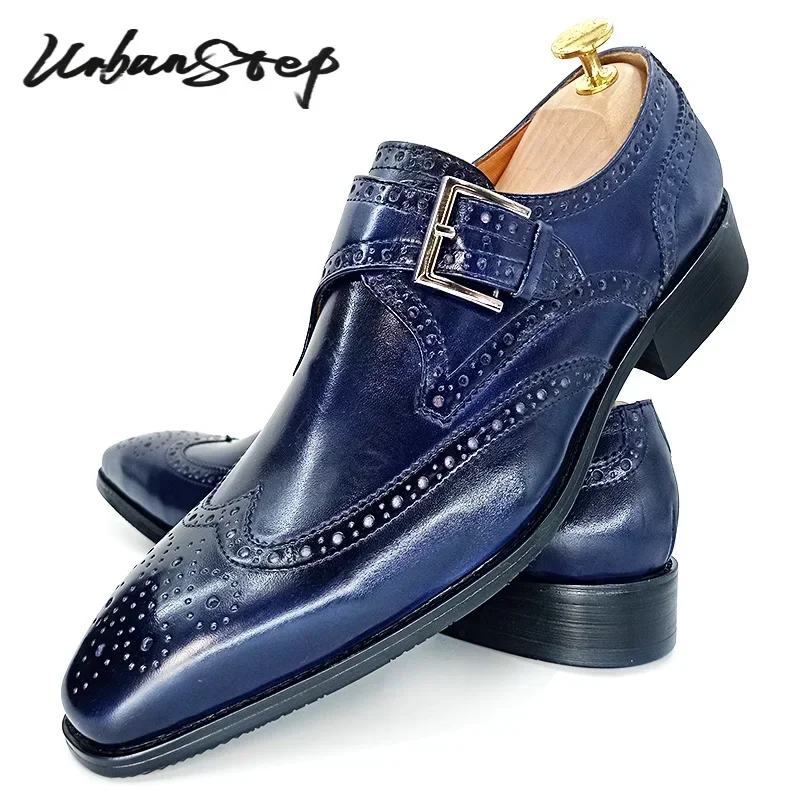 Luxury Casual Men Monk Strap Shoes Blue Black WingTip polishing Loafers Men Dress Shoes Wedding Office Leather men monk strap shoes