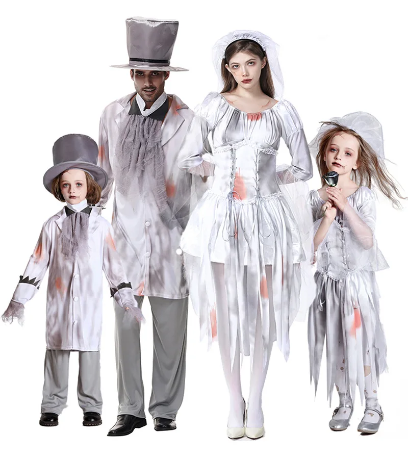 

Horror Vampire Zombie Cosplay Uniform for Women & Men Ghost Bride Adult Kids Halloween Costume Blood Stained Suit and Veil Dress