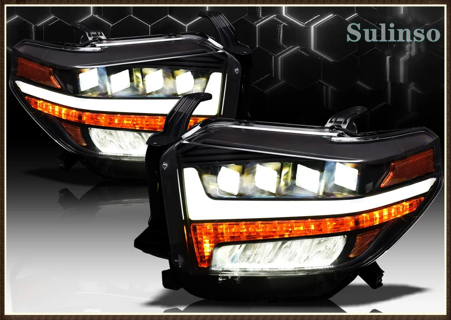 2Pcs Full LED Projector Headlights With White LED Light Bar & Sequential Signal - Black Amber Fits 2014-2021 Toyota Tundra