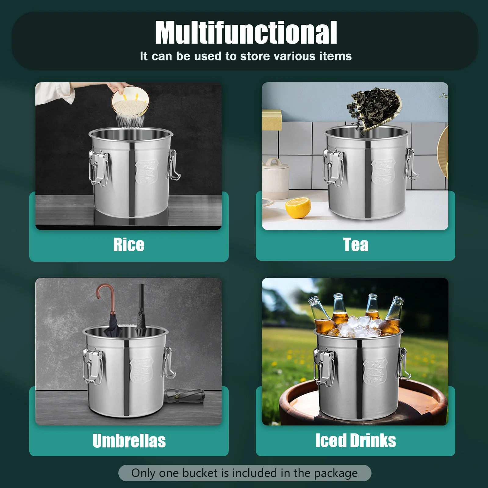 Stainless Steel Airtight Canister 12L/33L Rice Cereal Grain Canisters Container Food Oil Sugar Milk Storage Bucket