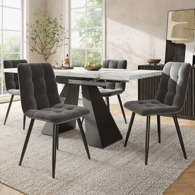 Esstischgruppe (5-teilig), Esstisch-Set, ausziehbares Esstisch-Set 160 x 80 x 75 cm, weißer Esstisch mit 4 Samtstühlen, grau