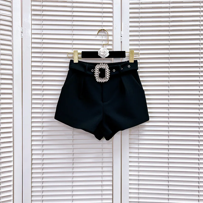 Autumn Clothes Sparkling Rhinestones Buckle Belt Decorative Black Shorts 2023 New Fashion High Waist Straight Suit Shorts Women