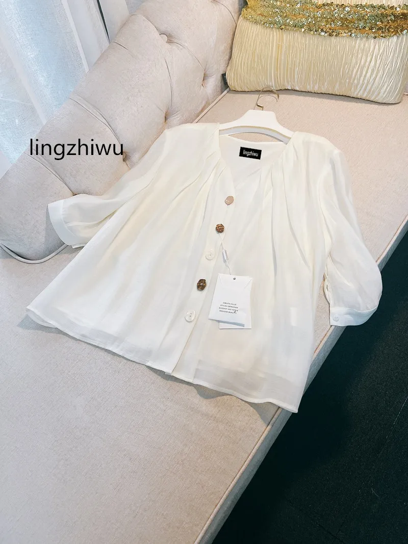 

lingzhiwu White Loose Blouse Top Quality Designer Shirt Unique Exquisite OL French Vintage Top V-Neck Chiffon New Arrive