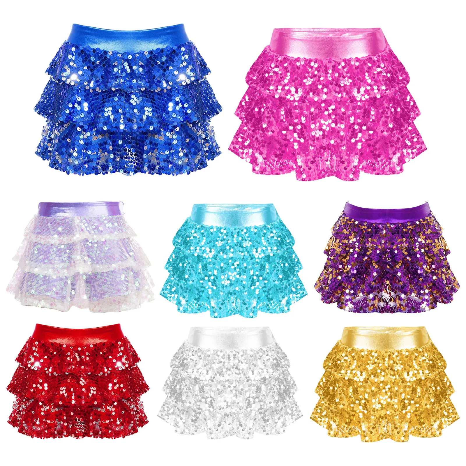 Kids Girls Glitter Sequins Tiered Ruffle Skirt Shorts Metallic Bottoms for Latin Jazz Dancing Stage Performance Ballet Costume children skirts