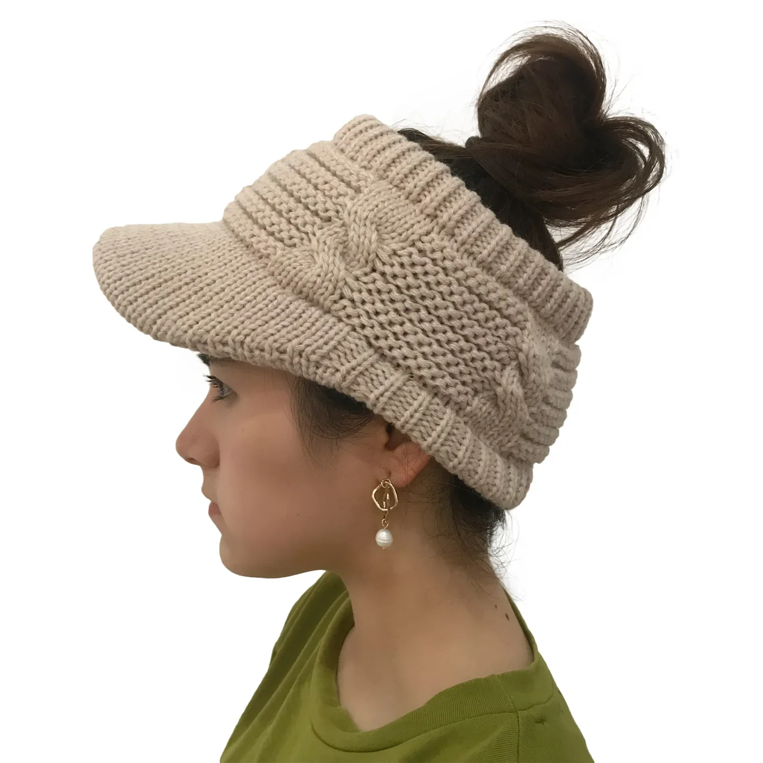 Women Girls Ponytail Baseball Cap Winter Warm Wool Knit Hat Empty Top Stretchy Beanie Caps Fashion Outdoor Ski Beanie Knit Hat 3