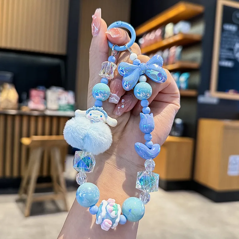 Sanrio 헬로 키티 멜로디 헤어볼 전화 체인 카메라 펜던트 Kuromi 손으로 그린 ??파란색 카와이 팔찌 키 체인