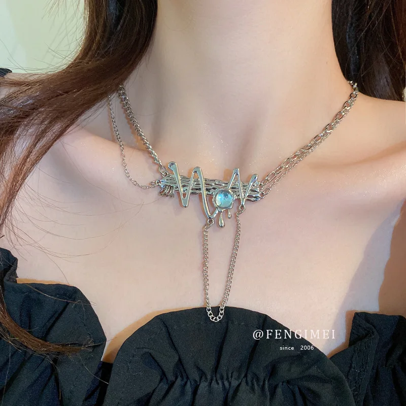 

Moonstone ECG Lava Water Drops Tassel Double Layer Necklace Personality Creative Clavicle Chain Cold Wind Necklace