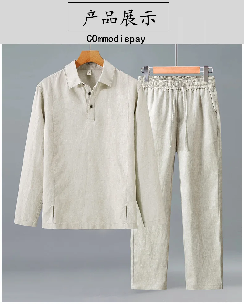 Herren 100% Leinen Langarm-Hemd und Hosen Set, Leichter Atmungsaktiver Lässiger Leinenanzug für Frühling und Herbst – Detail 7