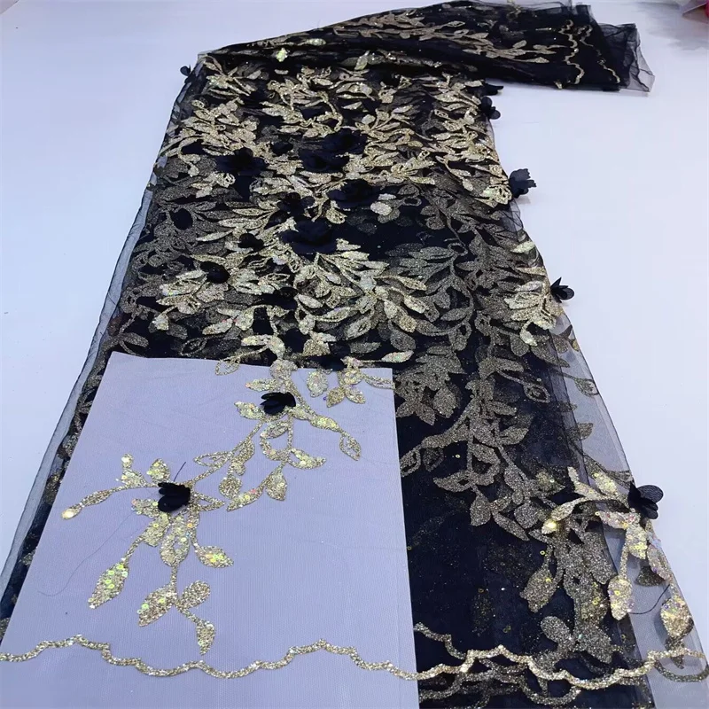 

Embroidered 5 Yards African Lace Fabric 2024 Black French Tulle Lace Fabric Stone Bridal 3D Flower Nigerian Lace Wedding Fabric