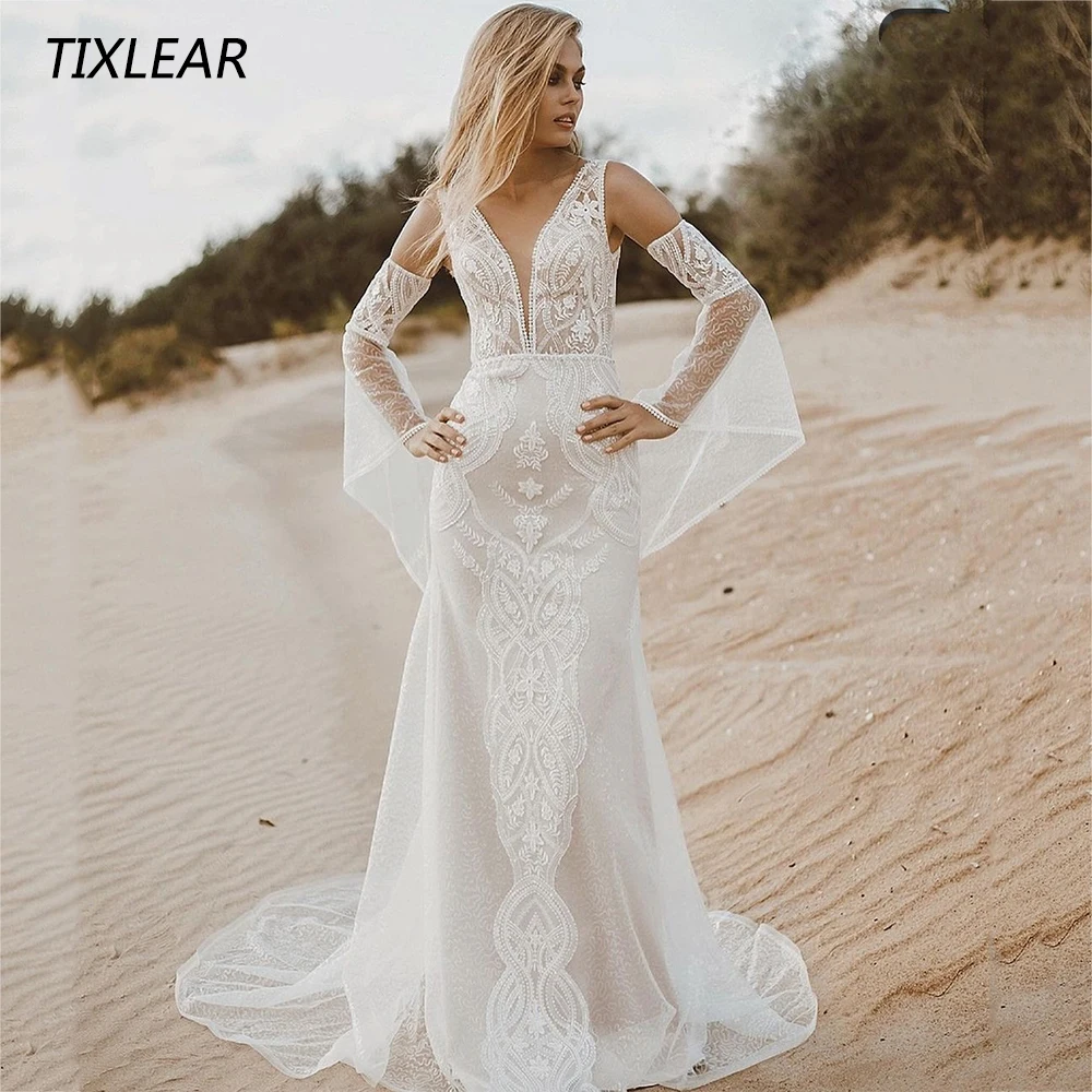 

TIXLEAR BOHO Mermaid Wedding Dress V-Neck Lace Appliques Sleeveless Illusion Button Bridal Gown Floor Length Vestidos De Novia