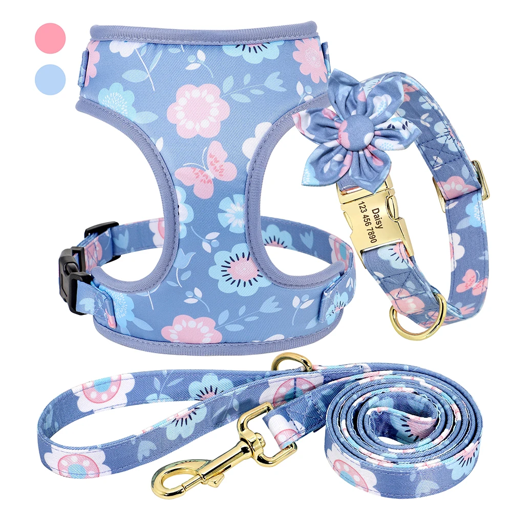 

Flower Printed Dog Collar Harness Leash Set Custom Dogs Collars Breathable Puppy Harnesses For Small Large Dogs Pet Walking Rope