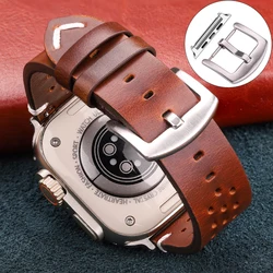 Premium Genuine Leather Breathable Watch Strap - Cowhide Band - 42mm 44mm 45mm 49mm (Dark Brown Silver B)
