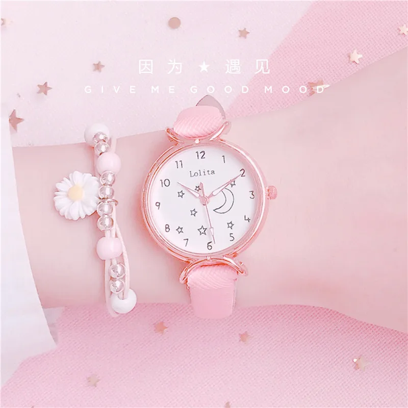 

Fashion Round Quartz Cartoon Moon Star Dial Casual Wrist Watches Leather Strap for Women Fashionable Clock Waterproof Wristwatch