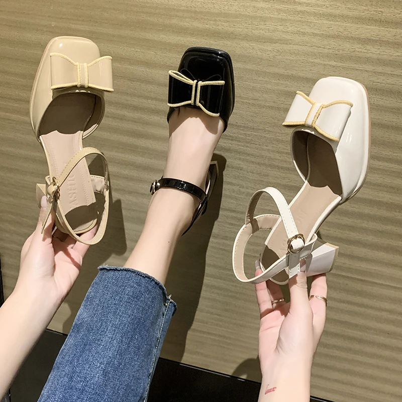 

2023 New Summer Thick Heel Mid Heel Square Headed Waterproof Platform High Heel Single Shoe