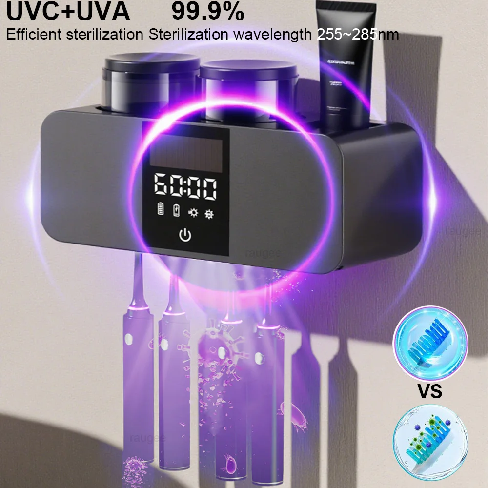Esterilizador UV com visor LED, suporte de escova de dentes elétrico recarregável para parede, sem fio, para higiene bucal._voghion.com