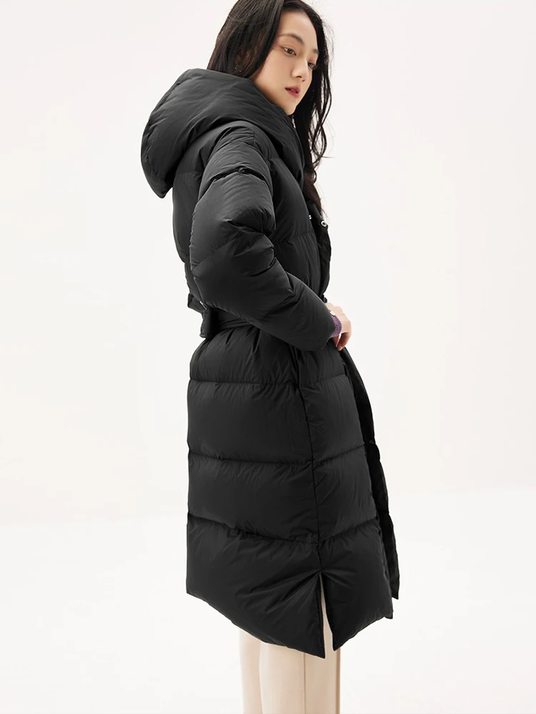 High quality Women Hooded Down jacket Loose Solid warm 2023 Winter Female Long Puffer Coat With belt Fashion Clothes INKEO 3O085