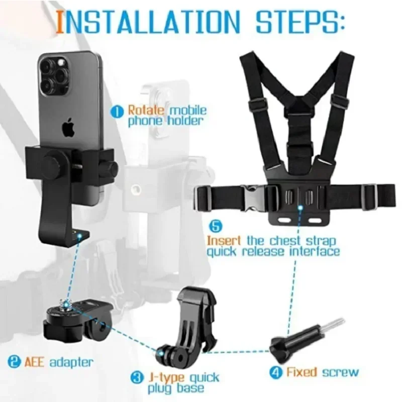 Adjustable Black Phone Clip Holder with Chest Strap for Cameras and Mobile Devices
