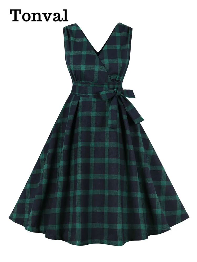 

Tonval Green Plaid Retro V-Neck Sleeveless Pleated Tea Dresses for Women Belted Elegant Fit and Flare Dress Vintage Style
