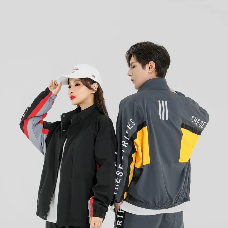 

Korean Fashion Contrast Color Couple Clothes Spring and Autumn Leisure Letter Print Panel Sports Jacket Men Streetwear