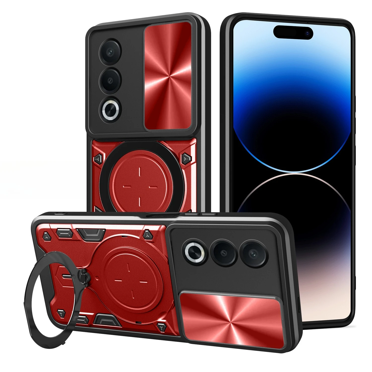 Premium Lens Slide Cover Phone Case with Rotating Magnetic Ring Holder and Durable Hard Shell Protective Cover
