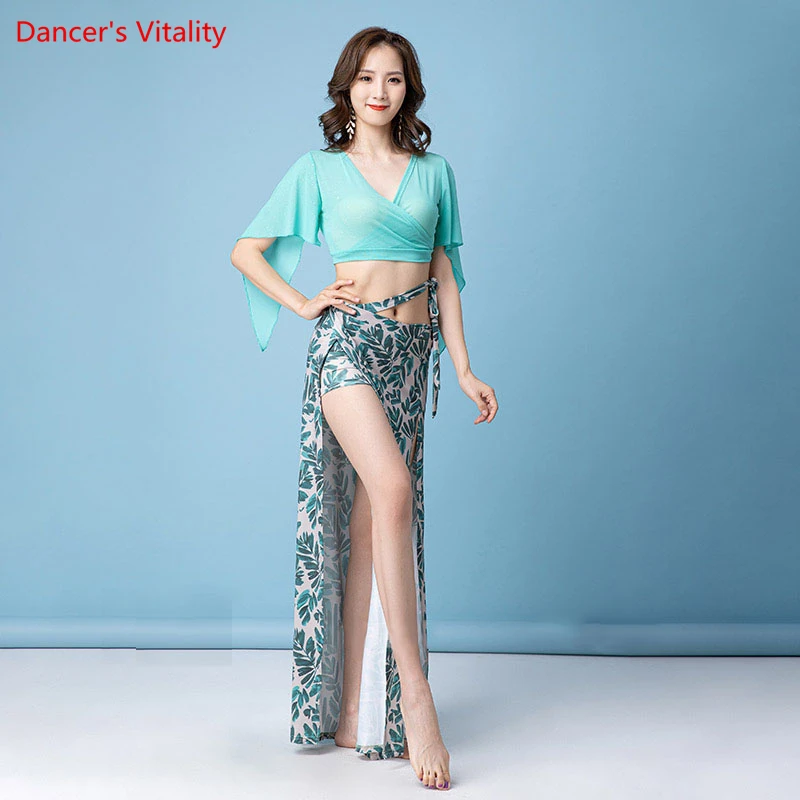 

Belly Dance Costume 2021 New Oriental Dance Practice Suit Water Yarn Top Printed Skirt 2pcs for Women Bellydancing Outfit M,L,XL