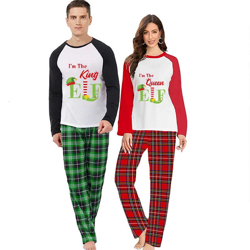 

Christmas Couple Pajamas Matching Sets I am The King & Queen Elf Adult Loungwear Red Pajamas Set